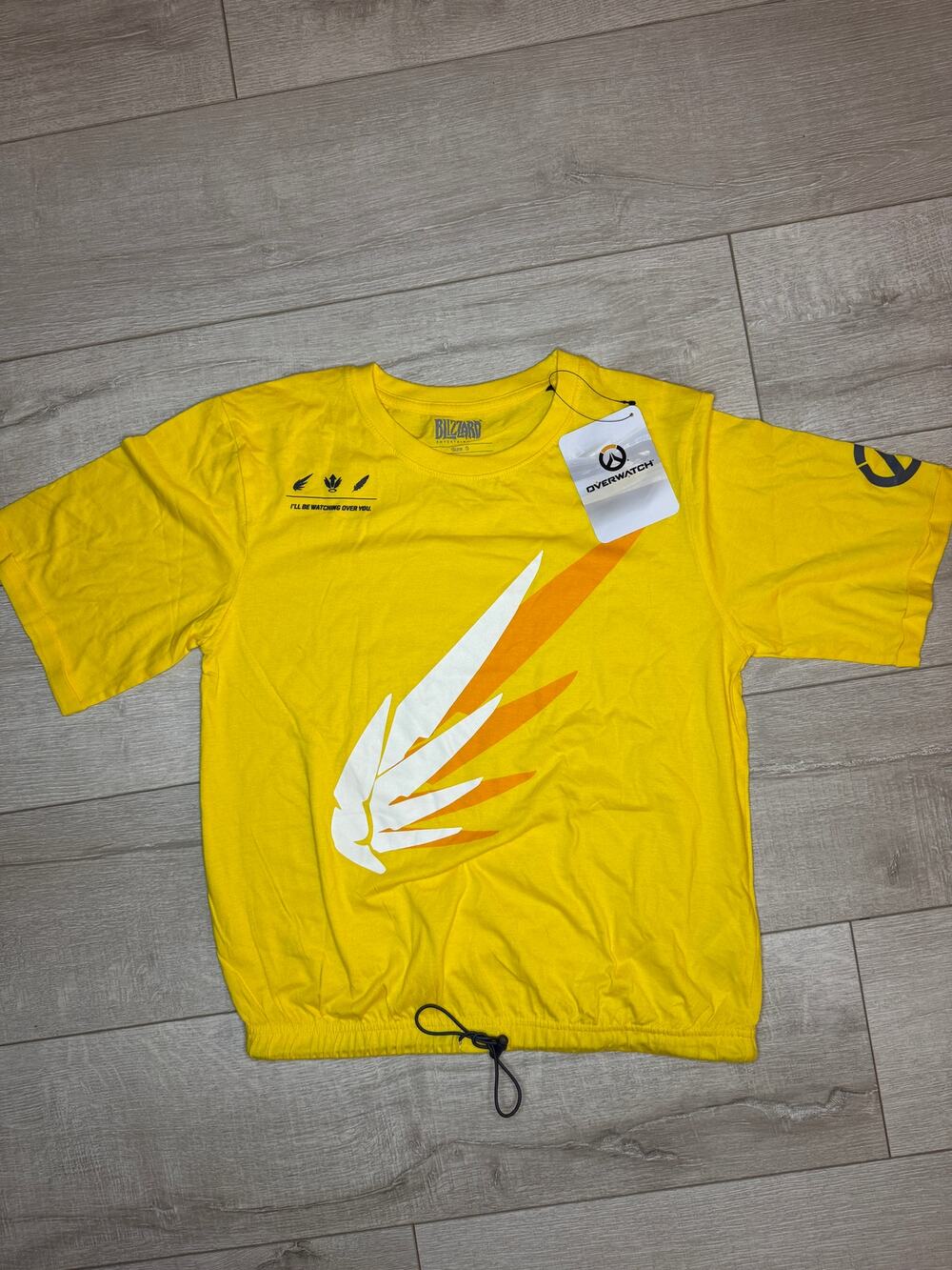 Overwatch Mercy Yellow Graphic Crop Top T-Shirt Cinch Hem NWT Women's Size S